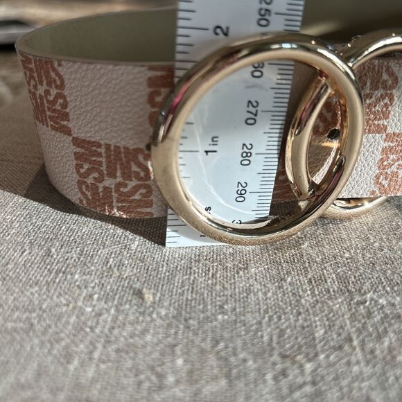 Steve Madden Logo Belt Double Ring Buckle Creme Tan Gold Faux Leather LARGE - Picture 7 of 8